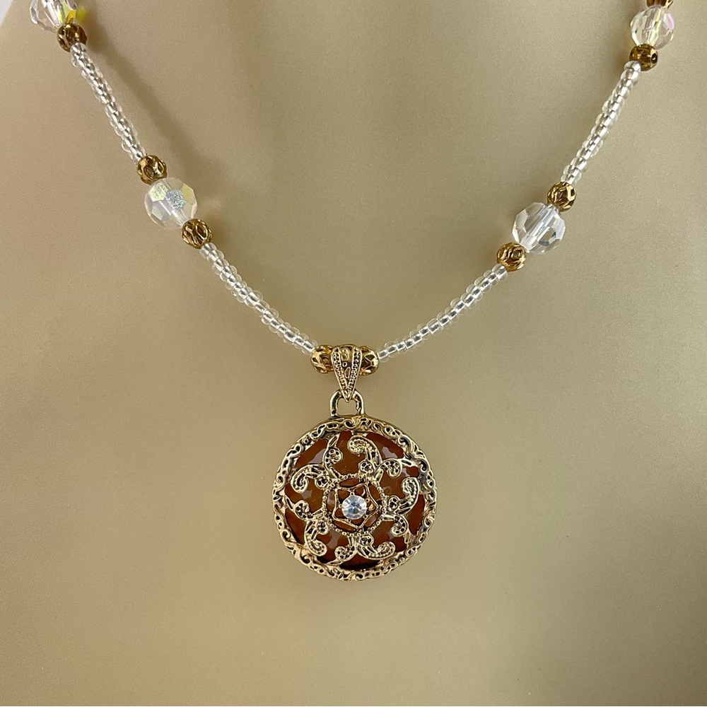 Host Pick! Antique Gold Filigree Pendant Necklace With Aurora Borealis Crystals - Picture 12 of 13